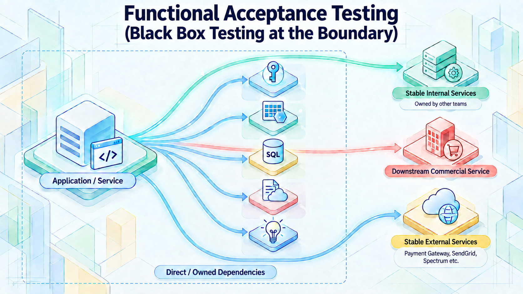 Functional acceptance testing boundary: the application and owned dependencies connect to stable internal services, a downstream commercial service, and stable external services.